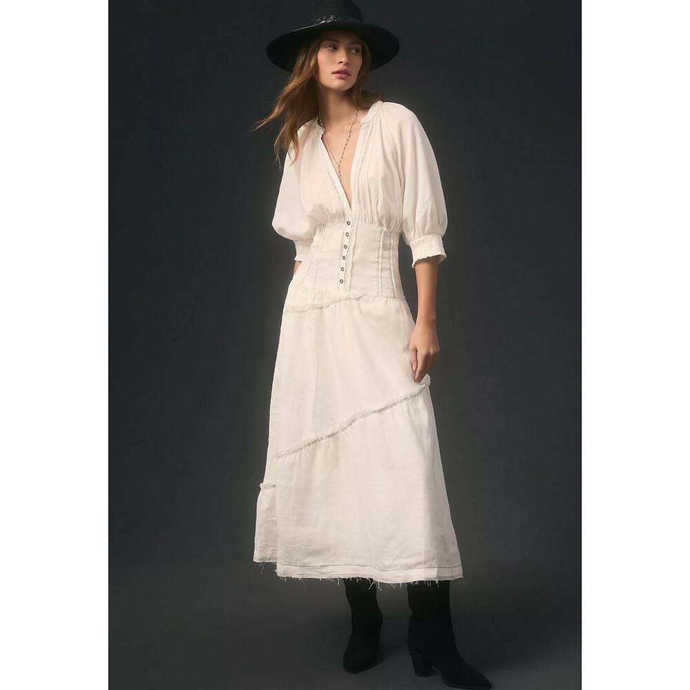 Anthropologie Ethereal Bohemian Linen Corset Midi Shirt Dress White Size Large - Picture 8 of 15